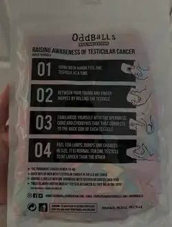 Guide for men to check themselves for testicular cancer. This is on the back of an underwear package. Similar guides can also be found on posters stuck in mens toilet stalls across the UK.
