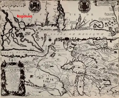 Old French map: Directly below the left-hand coat of arms is the site near Pearl River of what was to become Bogalusa