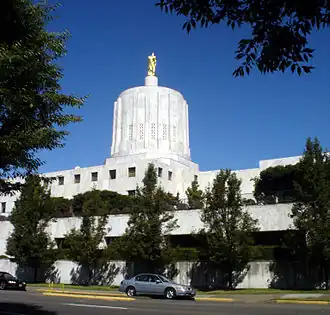 photograph of Oregon State Capital, a white building with a dome top