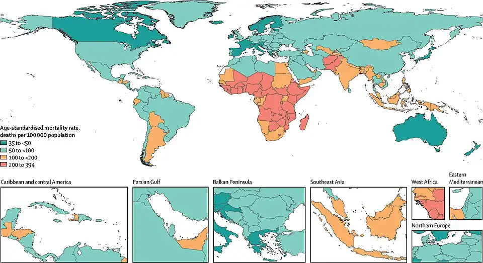 Overall age-standardised mortality rate per 100 000 population for 33 pathogens investigated, 2019[4]