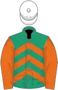 Emerald green, orange chevrons and sleeves, white cap