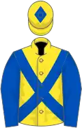 Yellow, royal blue cross belts, sleeves and diamond on cap