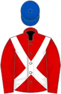 Red, white cross-belts, royal blue cap