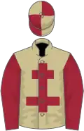 Beige, maroon cross of lorraine and sleeves, quartered cap