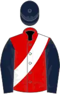 Red, white sash, dark blue sleeves and cap