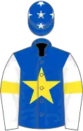 Royal blue,yellow star,white sleeves,yellow armlet,royal blue cap,white stars