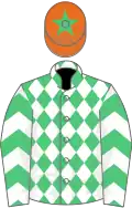 Emerald green and white diamonds, white sleeves, emerald green chevrons, orange cap, emerald green star