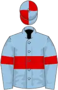 Light blue, red hoop and armlets, quartered cap