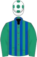 Emerald green and royal blue stripes, emerald green sleeves, white cap, emerald green spots