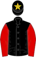 Black, red sleeves, gold star on cap