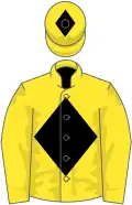 Yellow, black diamond, yellow sleeves, yellow cap, black diamond