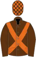 Brown, orange cross belts, check cap