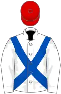 White, royal blue cross belts, red cap