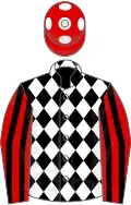 Black and white diamonds, red and black striped sleeves, red cap, white spots