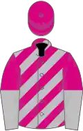 Cerise and silver diagonal stripes, halved sleeves, cerise cap