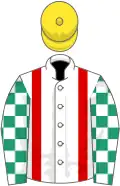 White, red braces, emerald green and white check sleeves, yellow cap