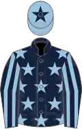 Dark blue, light blue stars, striped sleeves, light blue cap, dark blue star