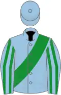 Light blue, green sash, striped sleeves