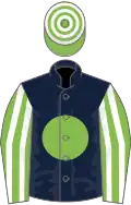 Dark blue, light green disc, light green and white striped sleeves, hooped cap
