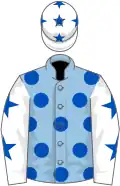 Light blue, royal blue spots, white sleeves, royal blue stars and cap