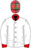 White, red collar and cuffs, tartan cap