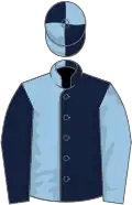 Dark blue and light blue (halved), reversed sleeves, quartered cap