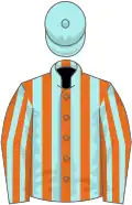 Orange and pale blue stripes, pale blue cap