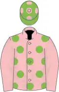 Pink, light green spots, pink sleeves, light green cap, pink spots