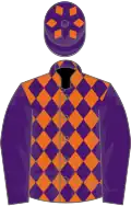 Orange and purple diamonds, purple sleeves, purple cap, orange diamonds
