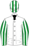 White, green and white striped sleeves, striped cap