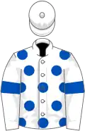 White, royal blue spots and armlets, white cap