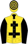 Yellow, black cross of lorraine and sleeves, hooped cap