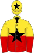 Yellow and red (halved horizontally), black star, yellow cap, black star