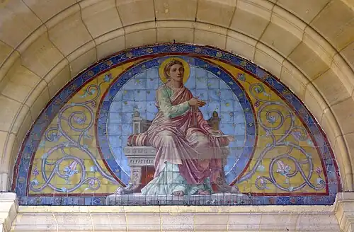 Vitreous enamel Painting of "Eloquence" over portal