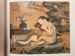 Paintings of sex on an erotic album being viewed. Painting on silk. Thought to be late 17th century.