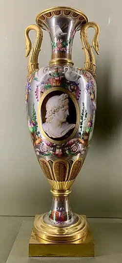 Empire style&nbsp;– Vase, by the Sèvres porcelain factory, 1814, hard-paste porcelain with platinum background and gilt bronze mounts, Louvre[48]
