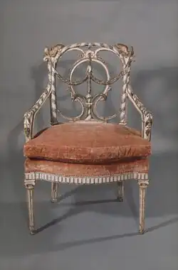 Neoclassical&nbsp;– armchair, c. 1780, carved and polychromed walnut, received upholstered in beige silk brocade, currently upholstered with modern cotton and linen velvet, Metropolitan Museum of Art