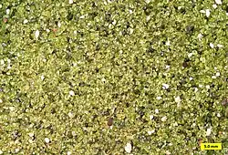 Close view of olivine-rich sand found on the beach