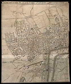 Marylebone Lane (upper left) on a 1764 map when it was on the fringes of London