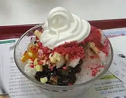 Korean Patbingsu with soft-serve ice cream and candied ingredients