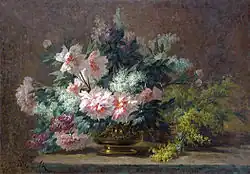 Pivoines et mimosa dans un vase en cuivre, oil on canvas, 114 x 163&nbsp;cm