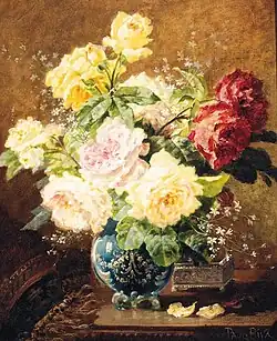 Roses in a vase with a silver casket on a ledge, oil on canvas, 53.3 × 46.3&nbsp;cm
