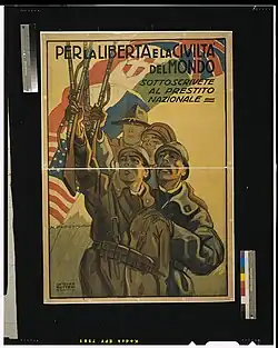 WWI recruitment poster, seeking to inspire enlistment by touting freedom and civilization (la libertá e la civiltá), 1917.