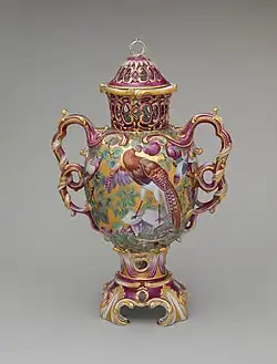 British Rococo perfume vase; circa 1761; soft-paste porcelain; overall: 43.2&nbsp;cm ×&nbsp;29.2&nbsp;cm ×&nbsp;17.8&nbsp;cm (17.0&nbsp;in ×&nbsp;11.5&nbsp;in ×&nbsp;7.0&nbsp;in); Metropolitan Museum of Art