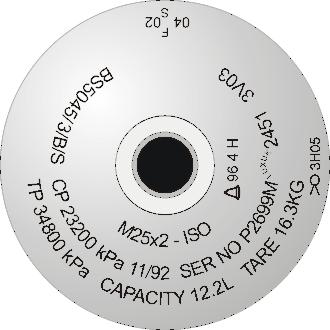 Diagram of a cylinder shoulder with stamp marking: M25x2 ISO BS5045/3/B/S CP 23200kPa 11/92 SER NO P2699M LUXUK 2451 3V03 TP 34800kPa CAPACITY 12.2L TARE 16.3&nbsp;kg, and three hydrostatic test dates