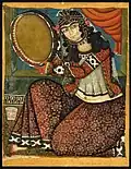 Persian miniature of Woman with frame drum in Qajar Iran, 19th century. Possibly a daf; the red and white circles are links of chain attached to the inner edge of the drum.