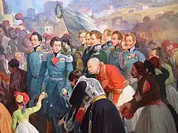 Painting showing a young man in a blue military coat being greeted by a crowd.