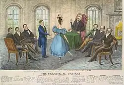 Jackson faces a woman dancing, flanked by three seated men on right; three seated men on left and one man standing behind the woman