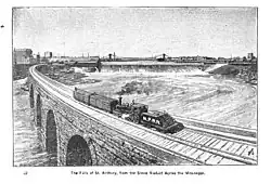 An illustration of the falls and Stone Arch Bridge from the 1893 book The Official Northern Pacific Railroad Guide