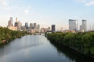 The Schuylkill River (foreground) and Center City Philadelphia (background) in July 2016